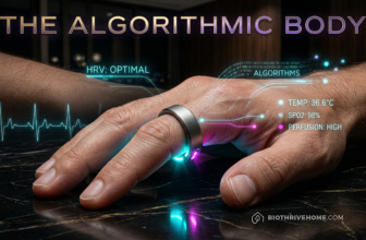 A cinematic, macro shot of a sleek, high-tech smart ring on a person's finger glowing with an intense cyan and magenta light against the skin. Floating holographic data points show HRV metrics and biological age algorithms. Dark luxury aesthetic. Integrated title: THE ALGORITHMIC BODY.