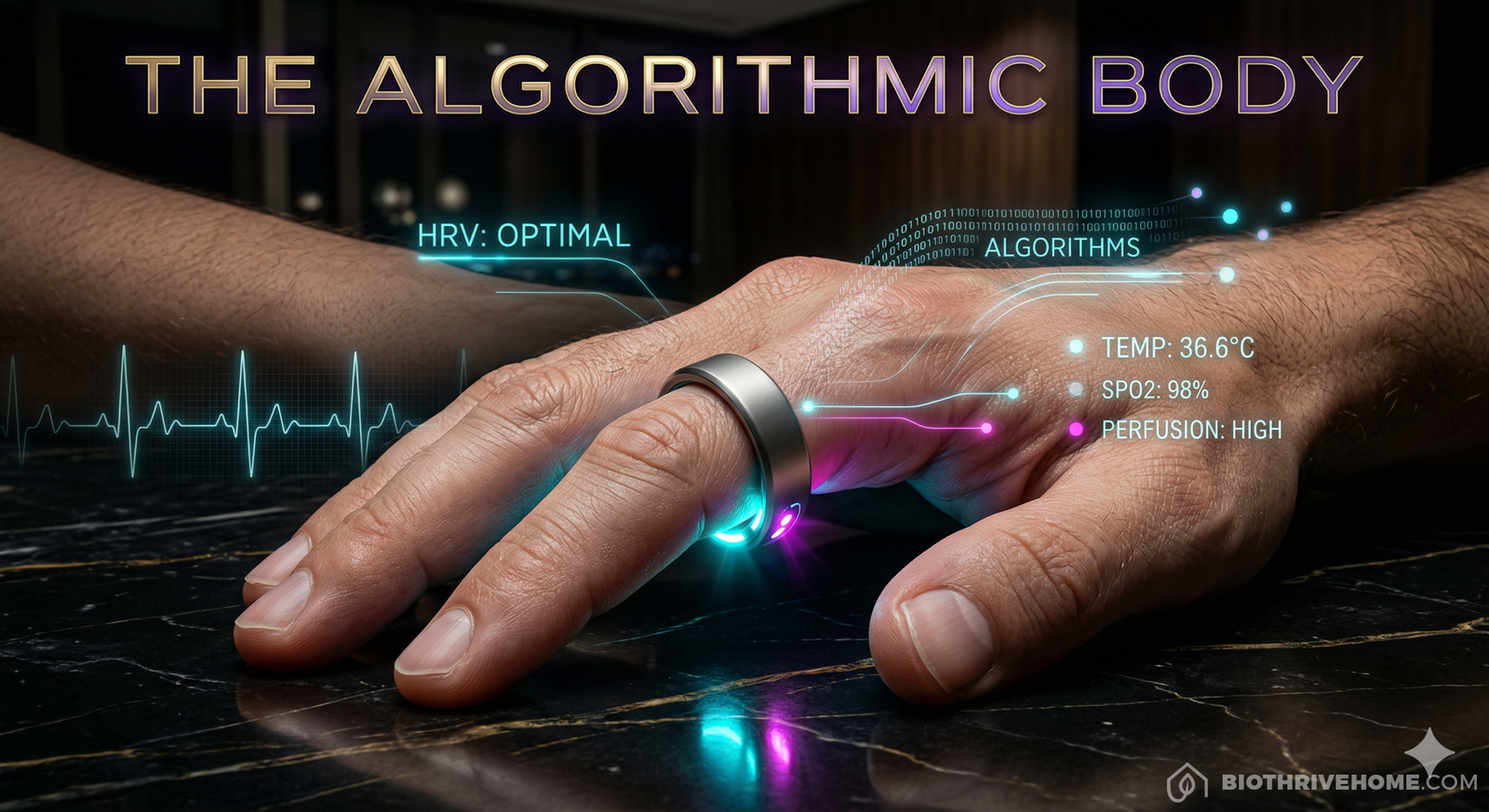 A cinematic, macro shot of a sleek, high-tech smart ring on a person's finger glowing with an intense cyan and magenta light against the skin. Floating holographic data points show HRV metrics and biological age algorithms. Dark luxury aesthetic. Integrated title: THE ALGORITHMIC BODY.
