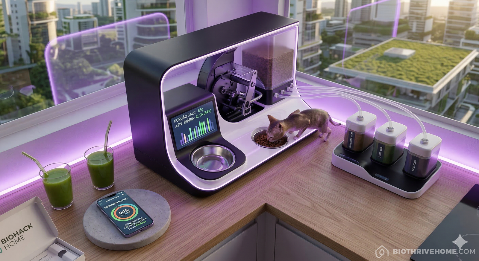 A top-down photograph looking down at a corner of a modern, sleek kitchen in a sustainable Jundiaí home, within a sustainable apartment in 2026. A graceful, fit domestic shorthair cat with a shiny coat is happily eating from a stainless steel bowl that is part of a large, futuristic automatic pet feeder. The feeder incorporates complex internal mechanisms suffused with pervasive soft violet ambient lighting from integrated LED strips. It has a built-in glowing screen displaying the text: 'PORÇÃO CALC.: 85g' and 'ATIV. DIÁRIA: ALTA (84%)' with a dynamic bar chart. Tubes run to multiple discrete reservoirs labelled with 'NUTRIENTES: OTIM.', 'PROT. VEG.', 'SAIS: EQUIL.'. Nearby on a round concrete coaster rests a modern smartphone, its screen illuminating a 'BioThrive Pets' app interface titled 'EQUILÍBRIO NUTRIC.', showing a circular multi-colored nutrition ring chart with 'Cálculo Real-Time', '94% Nutrientes-Chave', 'Status: Excelente'. Next to it is a clear glass of vibrant green juice and an open 'BIOHACK HOME' DNA kit. Through the large window behind the farm, a blurred but identifiable futuristic, green urban seascape of Jundiaí is visible under a late afternoon sun, reflecting the violet glow. Natural sunlight from the city mingles with the artificial violet hue. Realistic, diverse textures and depths make the technology feel integrated into daily life. Composition balanced and inviting.
