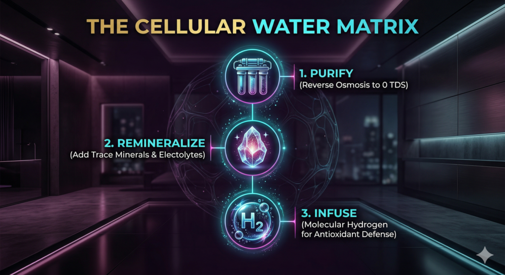 A borderless dark purple infographic titled 'THE CELLULAR WATER MATRIX'. A 3-step vertical flowchart. Step 1: 'PURIFY (Reverse Osmosis)' with a filter icon. Step 2: 'REMINERALIZE (Trace Minerals)' with a salt crystal icon. Step 3: 'INFUSE (Molecular Hydrogen)' with a glowing H2 icon. Clean technical text with sleek glowing cyan accents.