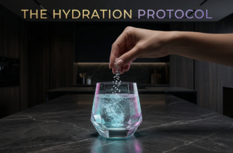 A cinematic, macro shot of a hand dropping a pinch of coarse, crystalline sea salt into a glass of pure, sparkling water. The water rests on a dark marble countertop and emits a subtle cyan glow. Dark luxury aesthetic. Integrated title: THE HYDRATION PROTOCOL.