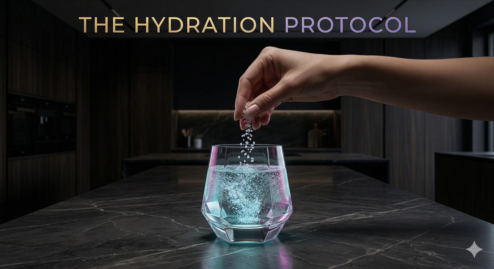 A cinematic, macro shot of a hand dropping a pinch of coarse, crystalline sea salt into a glass of pure, sparkling water. The water rests on a dark marble countertop and emits a subtle cyan glow. Dark luxury aesthetic. Integrated title: THE HYDRATION PROTOCOL.