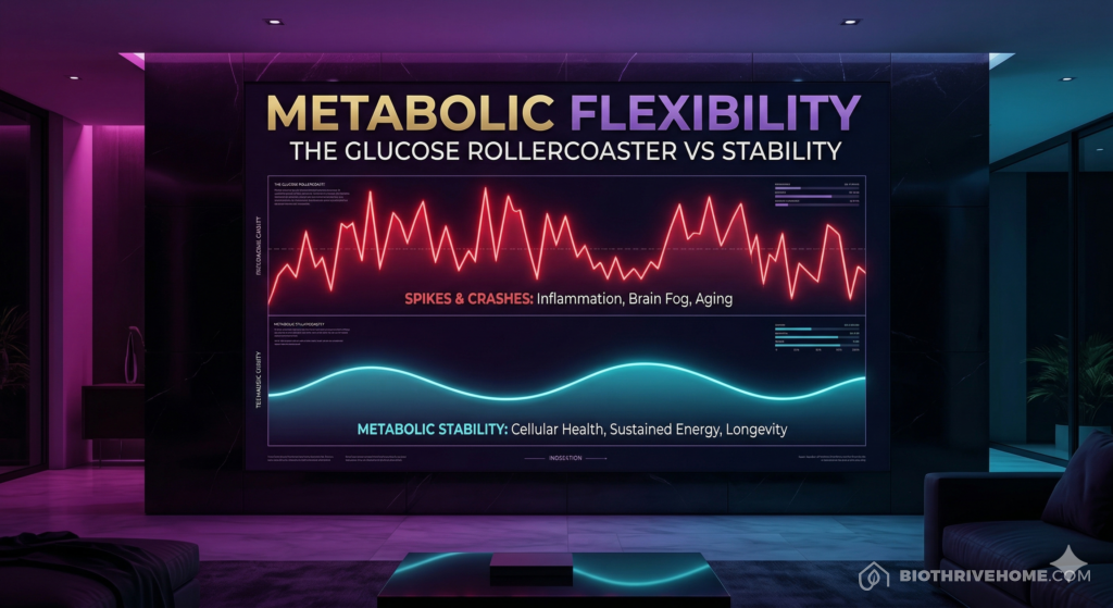 A borderless dark purple infographic titled 'THE GLUCOSE ROLLERCOASTER VS STABILITY'. A comparison chart showing a jagged red line representing glucose spikes causing inflammation, versus a smooth cyan wave representing metabolic flexibility and healthspan. Clean technical text with sleek glowing accents.