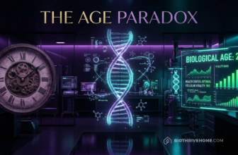 A cinematic featured image of a glowing digital double helix of DNA. On one side, a classic vintage clock represents chronological time; on the other, a high-tech glowing biometric dashboard represents biological vitality. Moody purple and cyan lighting. Integrated title: THE AGE PARADOX. No logos or borders.