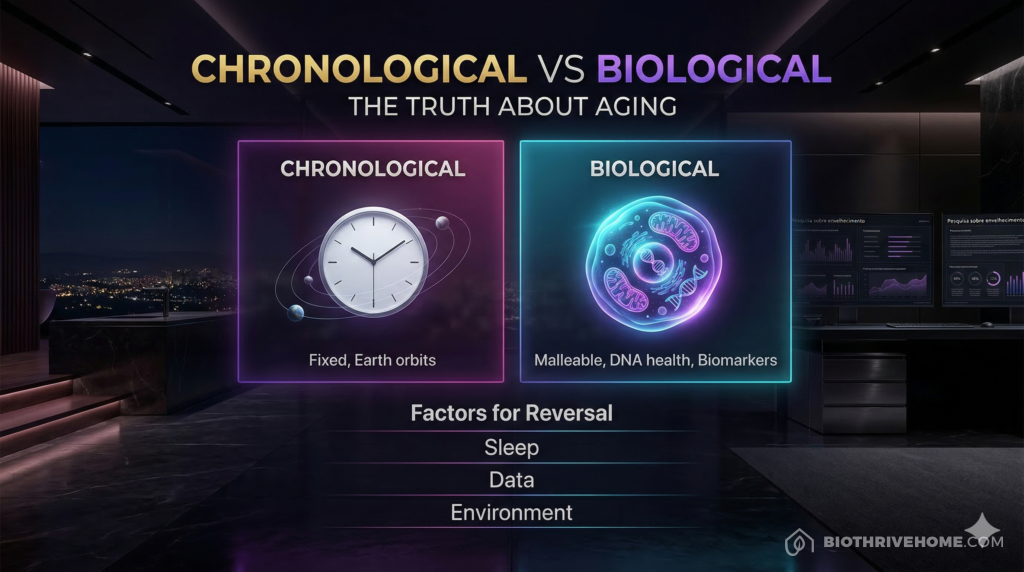 A borderless purple infographic titled 'CHRONOLOGICAL VS BIOLOGICAL AGE'. A comparison chart showing 'Chronological' (Fixed, Birth Certificate, Sun Orbits) versus 'Biological' (Malleable, DNA Methylation, Biomarkers). Clean technical text with sleek glowing accents.