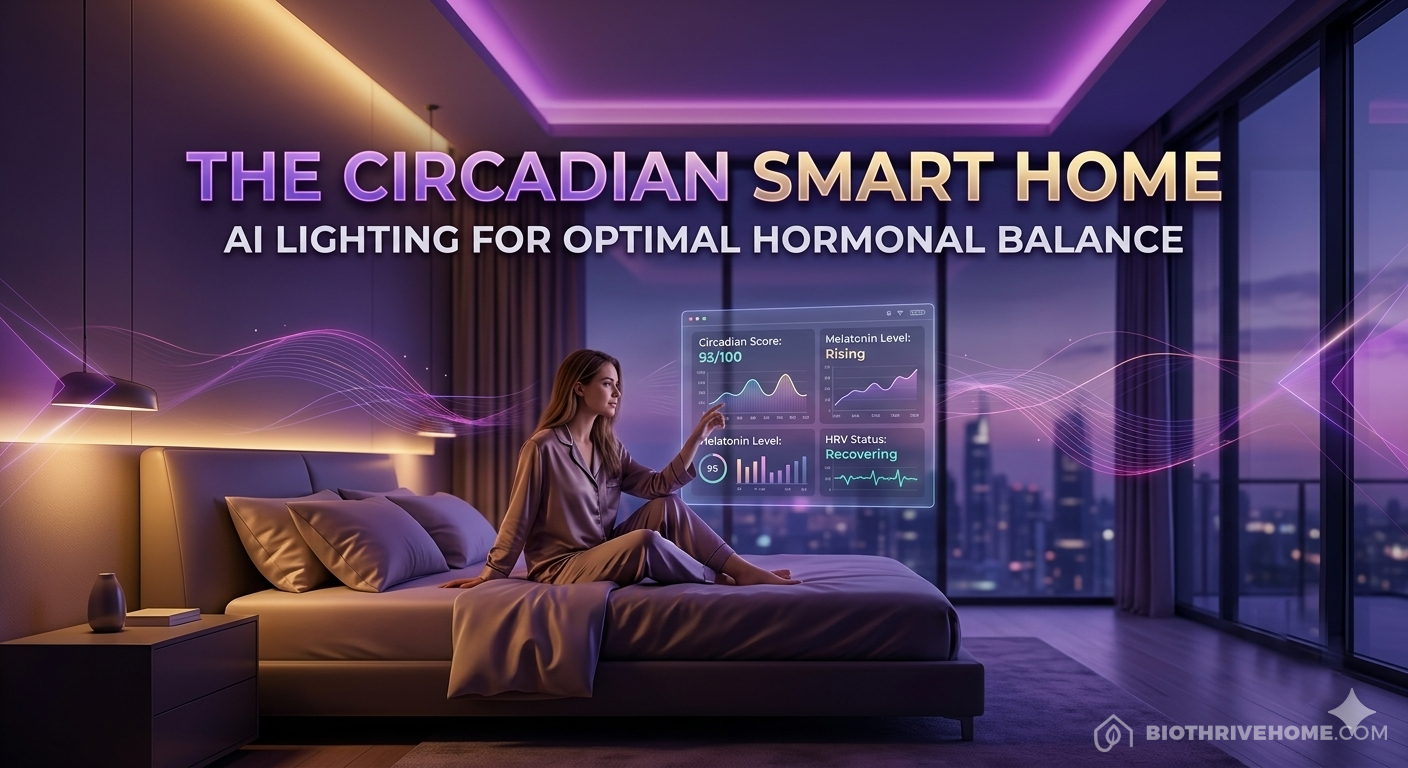 A woman relaxing in a modern bedroom equipped with a circadian smart home lighting system. The room features a calming transition from warm amber to deep purple light, with a holographic display showing sleep and HRV metrics.