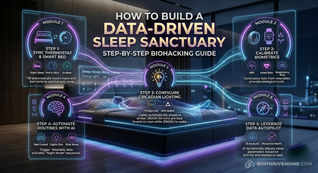 A futuristic infographic detailing the 5 steps to build a data-driven sleep sanctuary: syncing a smart thermostat, calibrating biometrics, configuring circadian lighting, automating routines with AI, and leveraging data autopilot.