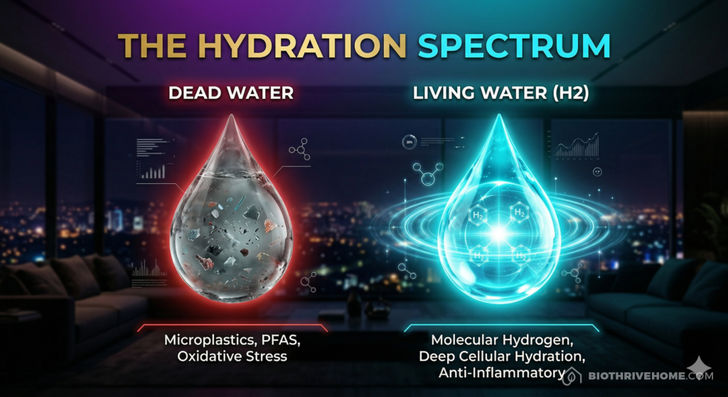 A borderless dark purple infographic titled 'THE HYDRATION SPECTRUM'. A comparative diagram. Left side in toxic red: 'DEAD WATER (Tap & Bottled)' showing icons of microplastics and heavy metals with text 'Oxidative Stress, Mineral Depletion'. Right side in glowing cyan: 'LIVING WATER (H2 Infused)' showing clean geometric drops with text 'Selective Antioxidant, Mitochondrial Repair, Zero Toxins'.