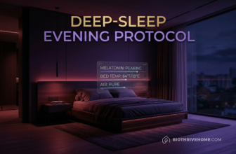 A cinematic featured image of an ultra-luxurious modern bedroom at night. The room is bathed in a soft, dim deep red and amber circadian light. A sleek smart bed is prepared for sleep. Translucent holographic interfaces display 'MELATONIN: OPTIMIZING' and 'BED TEMP: 18°C'. Integrated title: DEEP-SLEEP EVENING PROTOCOL.