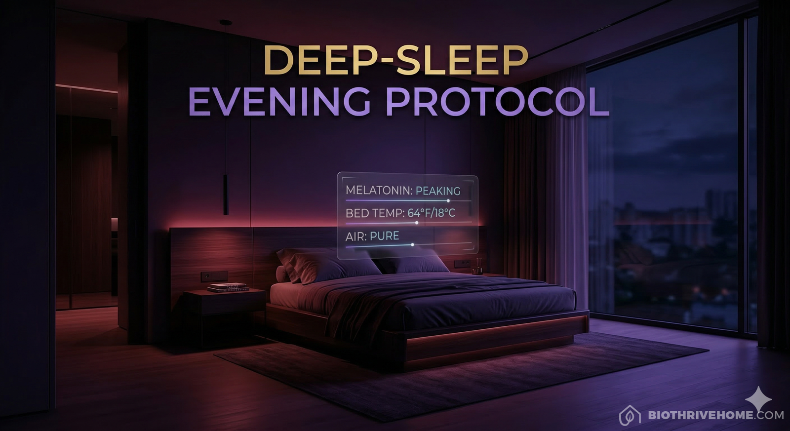 A cinematic featured image of an ultra-luxurious modern bedroom at night. The room is bathed in a soft, dim deep red and amber circadian light. A sleek smart bed is prepared for sleep. Translucent holographic interfaces display 'MELATONIN: OPTIMIZING' and 'BED TEMP: 18°C'. Integrated title: DEEP-SLEEP EVENING PROTOCOL.