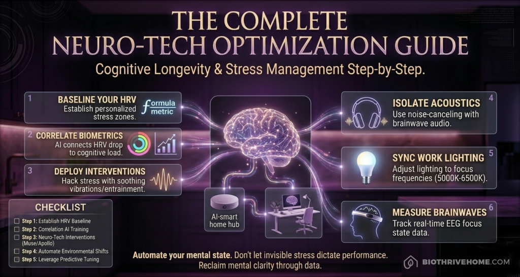 A comprehensive photorealistic cinematic infographic set in a darkened private futuristic neuro-tech lab summarizing 4 steps to build a deep work sanctuary: 1 Acoustic Entrainment, 2 Calibrate Lighting (5000K daylight), 3 Wearable Neurofeedback (Alpha Theta brainwaves), 4 Automate Flow State. Similar to previous infographics image_39.png, image_32.png, and image_26.png. Integrated central brain, numbered modules, and connecting data streams. Shield logo identical to image_39.png (shield only, NO paw print) in the bottom right. Checklist box identical to image_32.png in the bottom left, listing clean text steps. Overall atmosphere is premium and advanced. 8k resolution, detailed composition. Text is clean and readable.