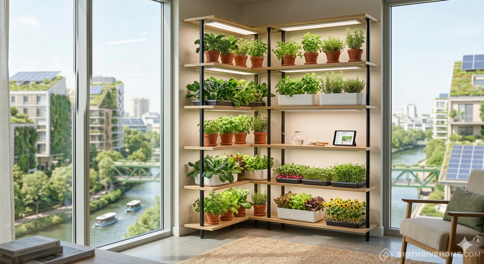 A bright, stylish urban apartment corner with a vertical shelving unit holding thriving green leafy vegetables, herbs, and microgreens under full-spectrum LED grow lights, with a blurred sustainable city view outside.