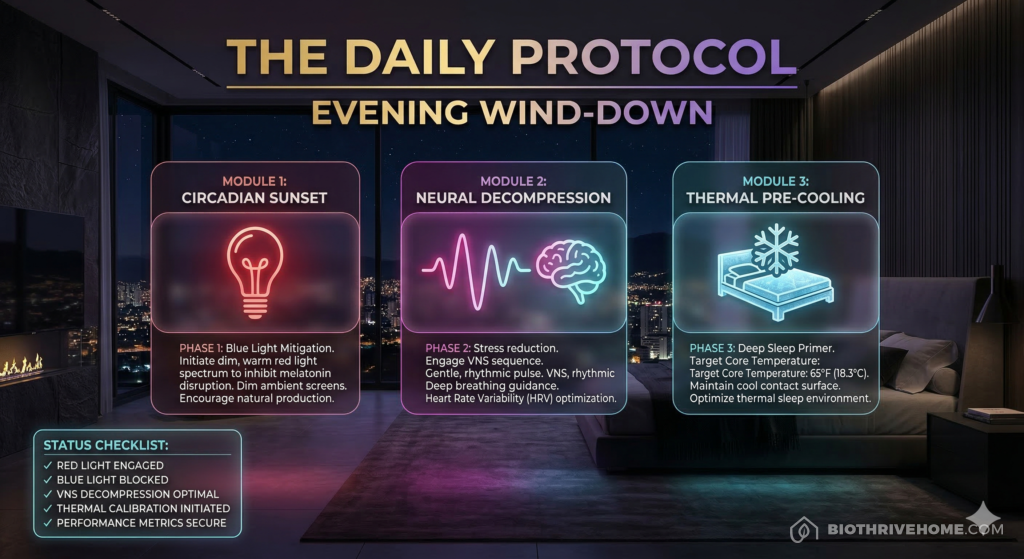 A borderless purple infographic titled 'THE DAILY PROTOCOL: EVENING WIND-DOWN'. Three horizontal steps: Phase 1 Circadian Sunset (red bulb icon), Phase 2 Neural Decompression (HRV/VNS icon), Phase 3 Thermal Pre-Cooling (ice/bed icon). Clean technical text with sleek glowing accents.