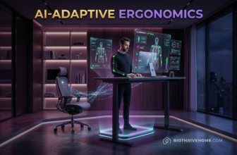 A cinematic featured image of an ultra-luxurious, dark modern home office. A person sits at a sleek desk with multiple floating holographic screens showing cognitive focus data. The room is illuminated by magenta and cyan circadian light panels. Integrated title: HIGH-PERFORMANCE HOME OFFICE