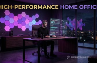 A cinematic featured image of an ultra-luxurious, dark modern home office. A person sits at a sleek desk with multiple floating holographic screens showing cognitive focus data. The room is illuminated by magenta and cyan circadian light panels. Integrated title: HIGH-PERFORMANCE HOME OFFICE.