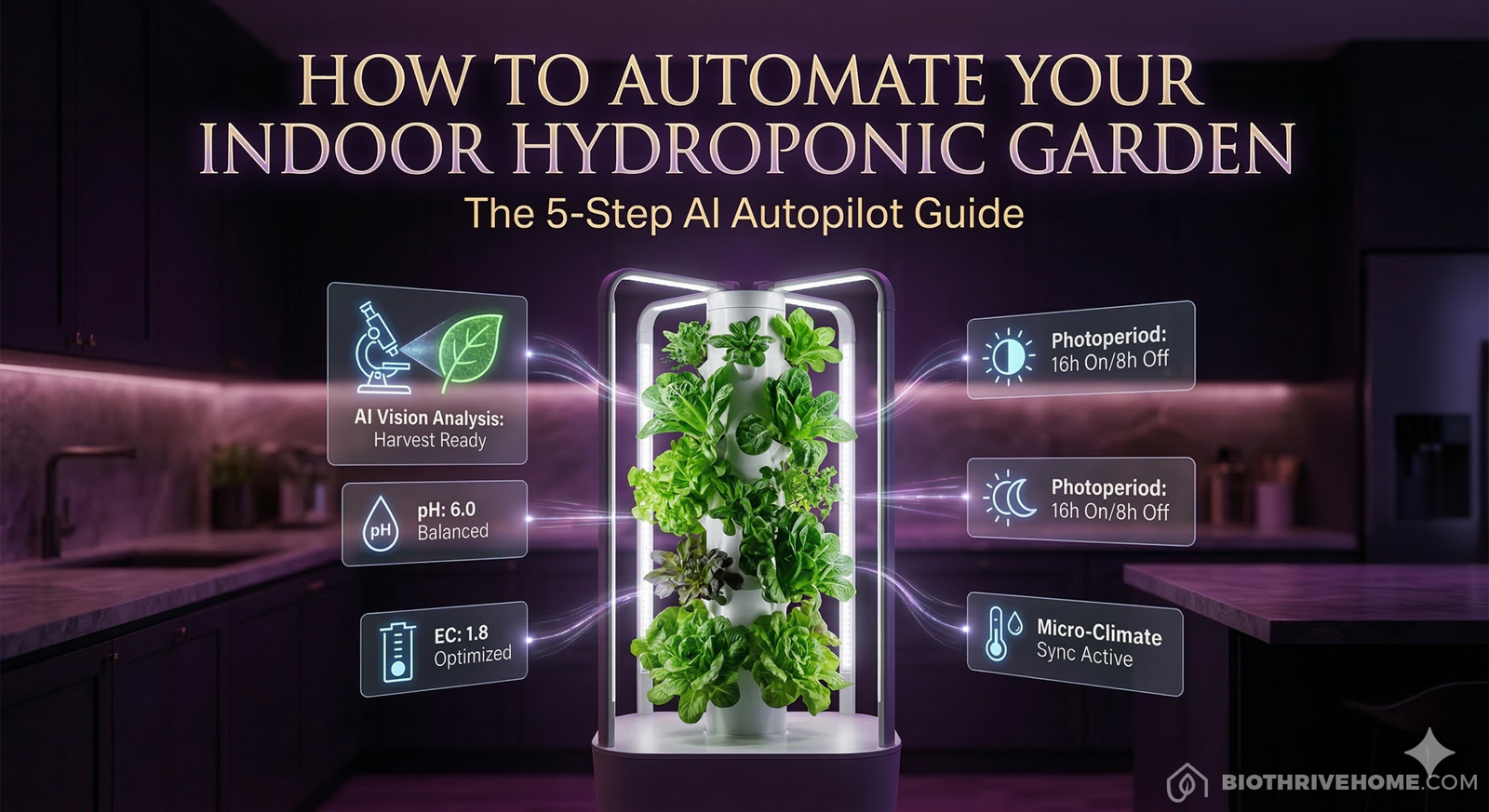 A cinematic futuristic featured image showing a flourishing vertical hydroponic tower in a modern dark luxury kitchen, surrounded by floating holographic interfaces illustrating the 5-step AI autopilot guide: Install AI Tower, Automate Photoperiod, Sensor-Driven Nutrient Dosing (pH EC), Sync Micro-Climate, and AI Vision Harvest. The post title 'HOW TO AUTOMATE YOUR INDOOR HYDROPONIC GARDEN' is glowing gold and violet at the top.