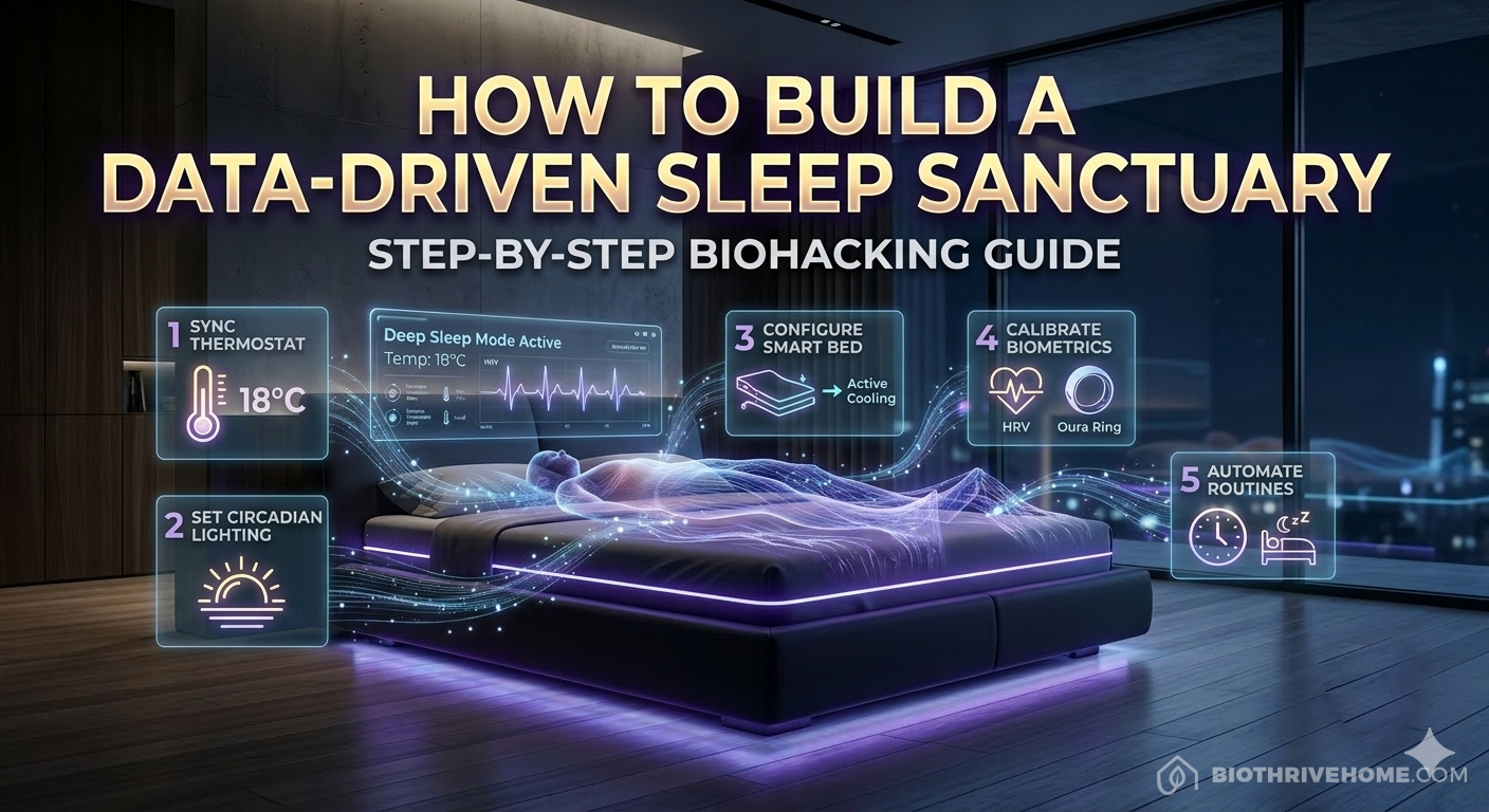 A cinematic futuristic bedroom glowing with violet and cyan light, featuring integrated holographic panels that illustrate the 5 steps to build a data-driven sleep sanctuary.