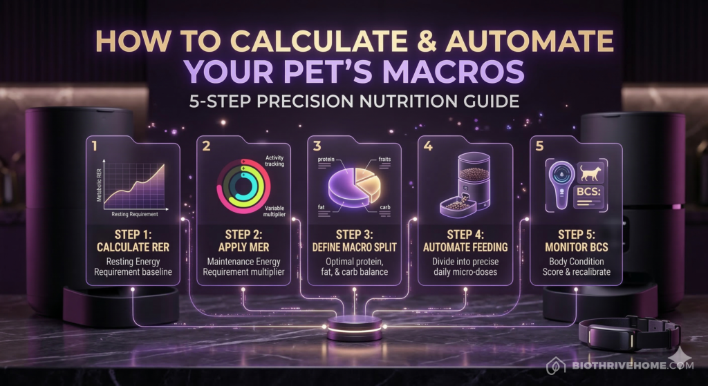A high-tech cinematic infographic detailing the 5 steps to calculate and automate a pet's macros: Step 1 Calculate RER, Step 2 Apply MER, Step 3 Define Macro Split, Step 4 Automate Feeding, and Step 5 Monitor BCS. The prompt includes glowing text 'HOW TO CALCULATE & AUTOMATE YOUR PET'S MACROS' and icons for baseline metabolism formula, activity tracking, pie chart, smart feeder, and body condition score. No security dog paw logos are visible.