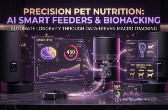 A sleek, high-tech cinematic infographic detailing the 5 steps to calculate and automate a pet's macros: Step 1 Calculate RER, Step 2 Apply MER Multiplier, Step 3 Define Macro Split, Step 4 Automate Micro-Dosing, Step 5 Monitor BCS.