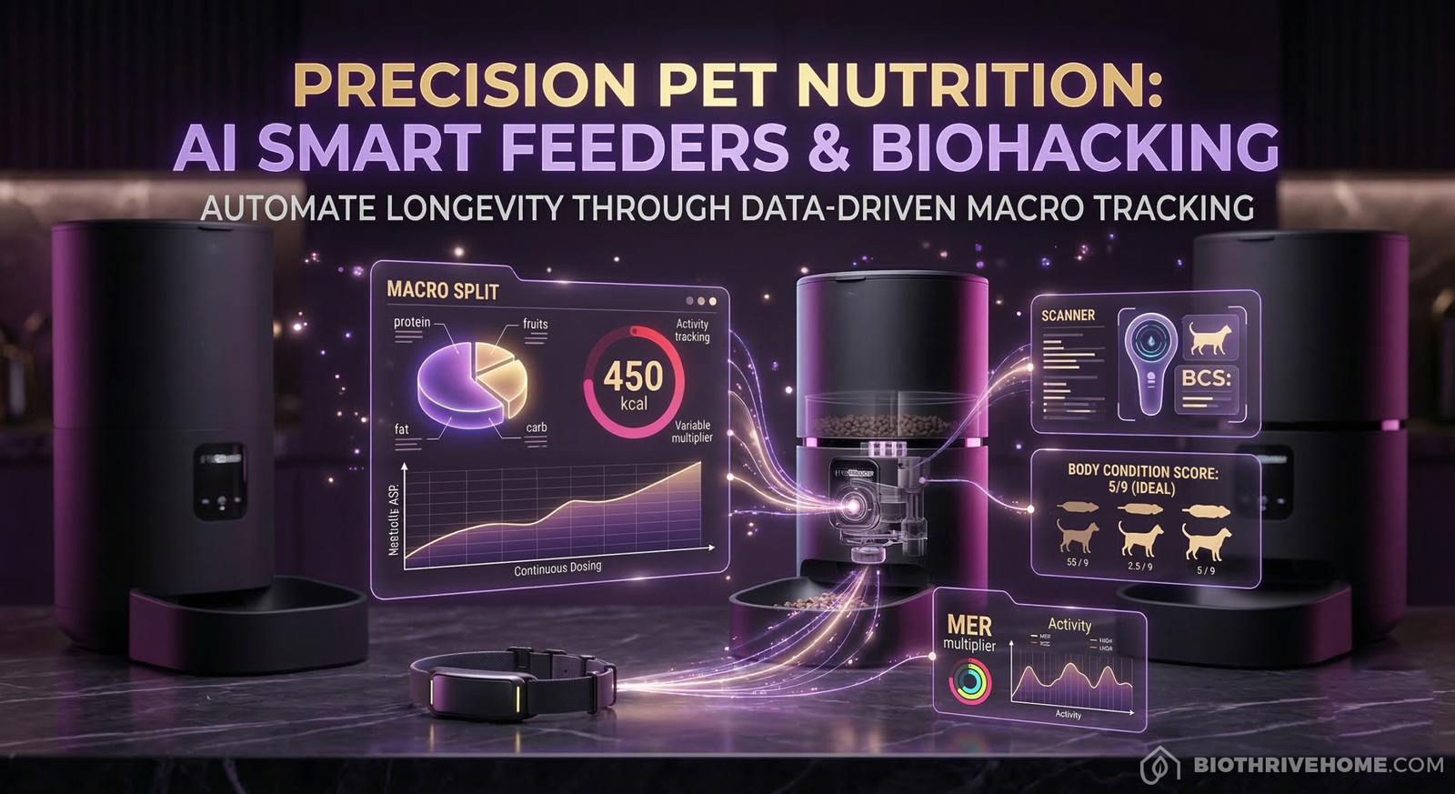 A sleek, high-tech cinematic infographic detailing the 5 steps to calculate and automate a pet's macros: Step 1 Calculate RER, Step 2 Apply MER Multiplier, Step 3 Define Macro Split, Step 4 Automate Micro-Dosing, Step 5 Monitor BCS.