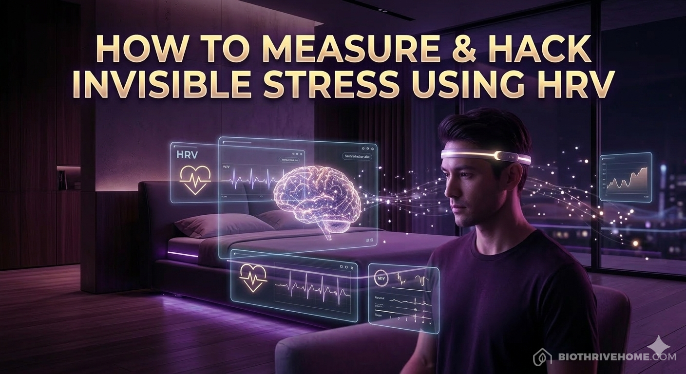 A high-tech cinematic featured image set in a sophisticated dark luxury private neuro-tech lab. A focused human subject wears a sleek neuro-tech headband with glowing magenta accents. Translucent holographic interfaces (non-segmented) surround them, displaying a stylized brain network integrated with a dynamic HRV heart trace and biometric graphs. Title text: 'HOW TO MEASURE & HACK INVISIBLE STRESS USING HRV' in glowing gold and violet. No animal or paw logos are visible.