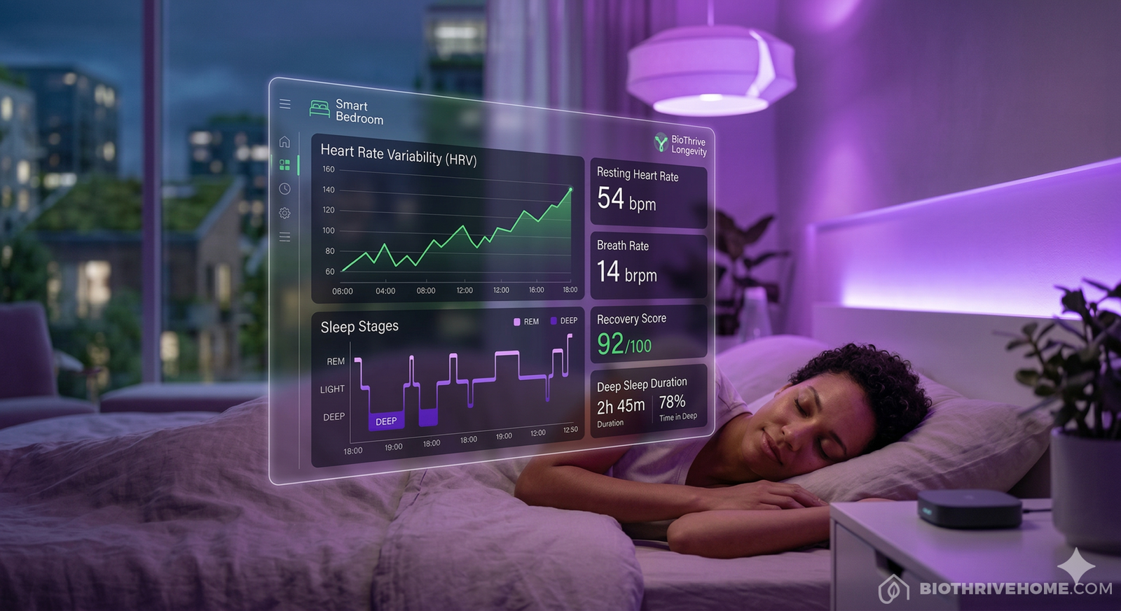A high-tech digital dashboard overlaying a peaceful person sleeping, showing a rising graph of Heart Rate Variability (HRV) and deep sleep stages, with soft violet ambient lighting in the background.