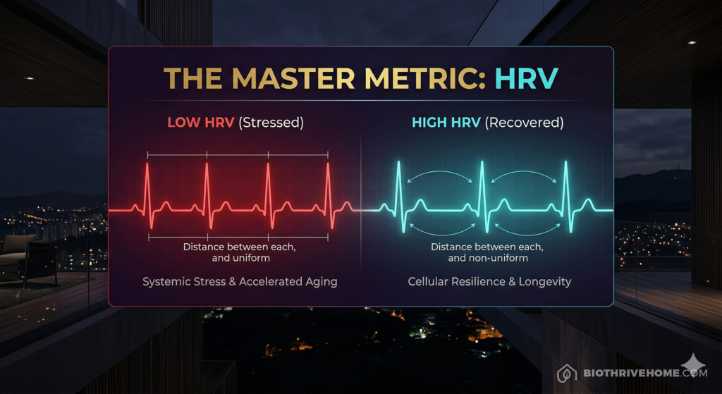 A borderless dark purple infographic titled 'THE MASTER METRIC: HRV'. A comparison diagram. Left side in red: 'LOW HRV (Stress State)' showing rigidly spaced heartbeats and text 'Inflammation, Overtraining, Aging'. Right side in glowing cyan: 'HIGH HRV (Adaptable State)' showing variable spaces between beats and text 'Recovery, Resilience, Youth'.