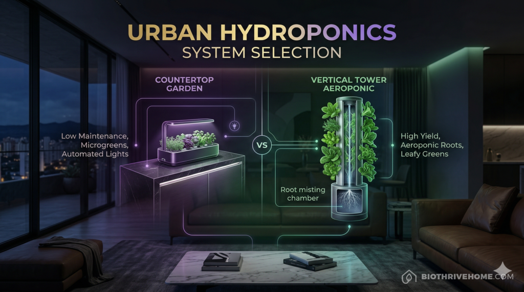 A borderless dark purple infographic titled 'URBAN HYDROPONICS: SYSTEM SELECTION'. A comparison chart showing 'Countertop Smart Garden' (small, pods, herbs) versus 'Vertical Tower' (high yield, aeroponic, leafy greens). Clean technical text with sleek glowing green and cyan accents.