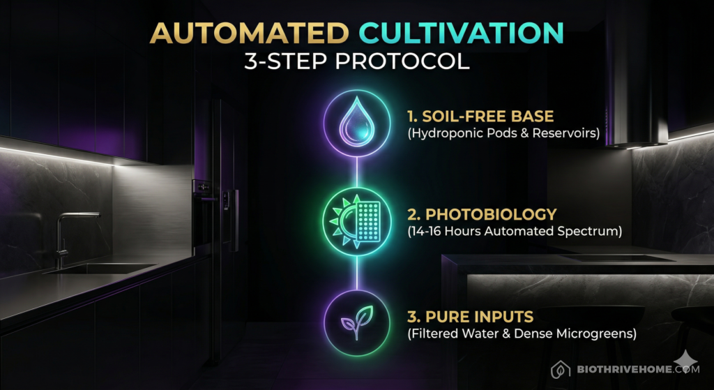 A borderless dark purple infographic titled 'AUTOMATED CULTIVATION: 3-STEP PROTOCOL'. A vertical flow chart. Step 1: 'SOIL-FREE BASE (Hydroponic Pods)'. Step 2: 'PHOTOBIOLOGY (14-16 Hours LED)'. Step 3: 'PURE INPUTS (Filtered Water & Micro-Seeds)'. Clean technical text with sleek glowing green and cyan accents.