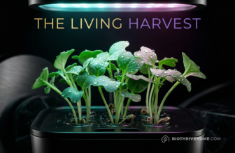 A cinematic macro shot of vibrant green microgreens growing out of a sleek black high-tech hydroponic pod. The plants are illuminated by a glowing cyan and magenta LED grow light. Dark luxury environment. Integrated title: THE LIVING HARVEST.