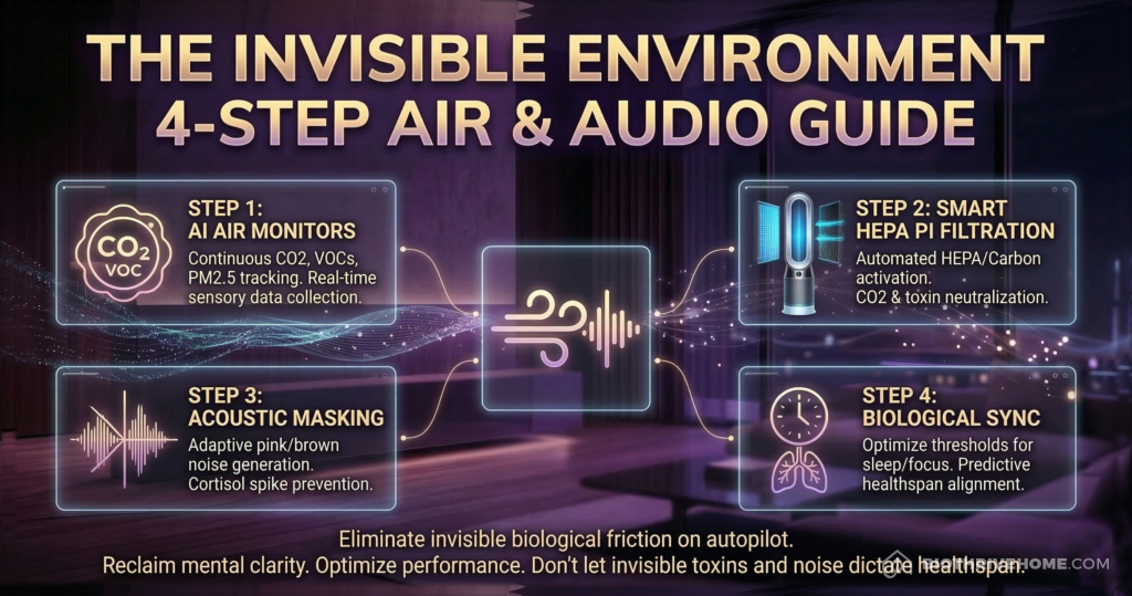 A comprehensive photorealistic cinematic infographic set in a darkened private futuristic smart home environment summarizing 4 steps to optimize the invisible environment: 1 AI Air Monitors, 2 Smart HEPA Filtration, 3 Acoustic Masking, 4 Biological Sync. Dark purple, magenta, and soft glowing gold aesthetic. Similar to previous infographics image_39.png, image_32.png, and image_26.png. Integrated central air and soundwave icon, numbered modules, and connecting data streams. Subtext summarizes 'Reclaim mental clarity. Eliminate invisible biological friction on autopilot.' Shield logo identical to image_39.png and image_46.png (shield only, NO paw print) in the bottom right. Checklist box identical to image_32.png in the bottom left, listing clean text steps. Overall atmosphere is premium and advanced. 8k detailed composition. Text is clean and readable.