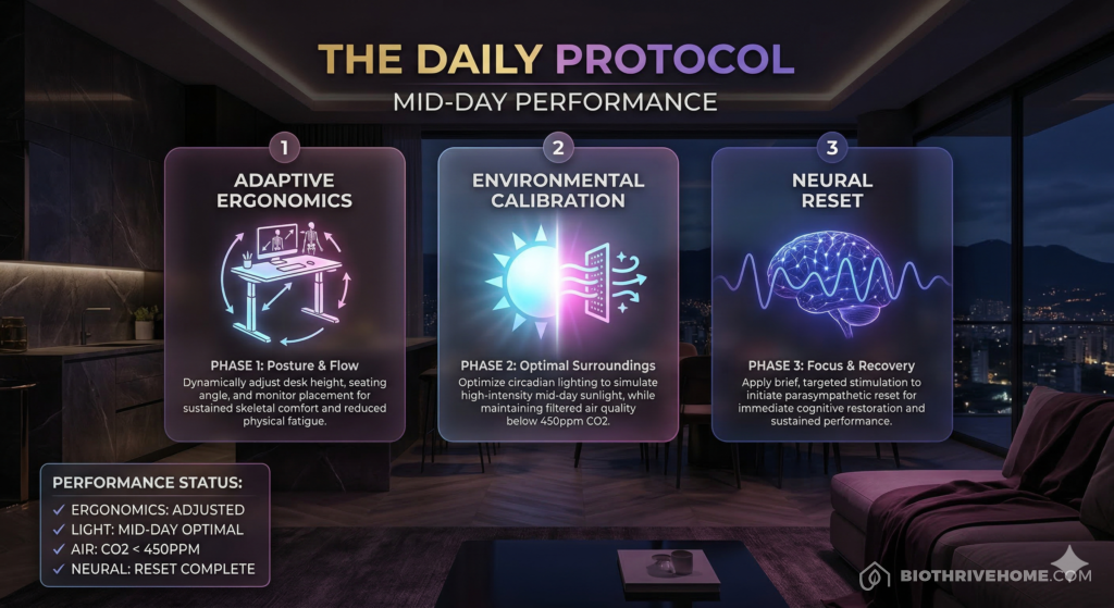 A borderless purple infographic titled 'THE DAILY PROTOCOL: MID-DAY PERFORMANCE'. Three logical horizontal steps: Phase 1 Adaptive Ergonomics (standing desk icon), Phase 2 Environmental Calibration (circadian light/air icon), Phase 3 Neural Reset (brain/VNS icon). Clean technical text with sleek glowing accents.