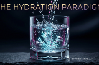 A cinematic macro shot of pure, crystal-clear water pouring into a sleek geometric glass. The water glows from within with tiny, luminescent cyan and magenta hydrogen bubbles. The background is a luxurious dark slate void. Integrated title: THE HYDRATION PARADIGM.
