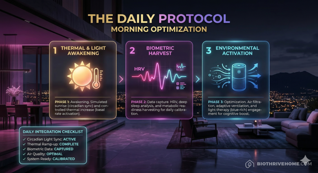 A borderless purple infographic titled 'THE DAILY PROTOCOL: MORNING OPTIMIZATION'. Three logical horizontal steps: Phase 1 Thermal & Light Awakening (sun icon), Phase 2 Biometric Harvest (HRV data icon), Phase 3 Environmental Activation (air purifier icon). Clean technical text with sleek glowing accents.