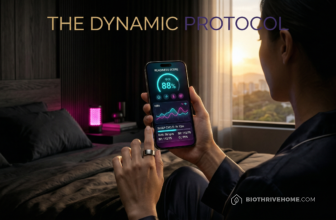 A cinematic shot of a person waking up in a dark, luxurious bedroom. They are looking at a sleek smartphone displaying glowing cyan and magenta biometric 'Readiness Score' data. A minimalist titanium smart ring is visible on their finger. Dark luxury aesthetic. Integrated title: THE DYNAMIC PROTOCOL.