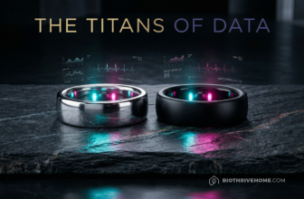 A cinematic, macro shot of two premium titanium smart rings resting on a dark, luxurious slate surface. One is sleek silver, the other is matte black. Glowing cyan and magenta holographic data streams surround them. Dark luxury aesthetic. Integrated title: THE TITANS OF DATA.