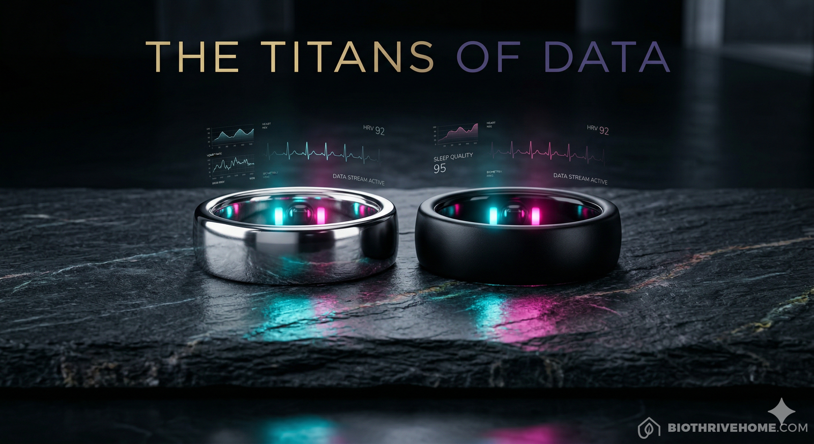 A cinematic, macro shot of two premium titanium smart rings resting on a dark, luxurious slate surface. One is sleek silver, the other is matte black. Glowing cyan and magenta holographic data streams surround them. Dark luxury aesthetic. Integrated title: THE TITANS OF DATA.