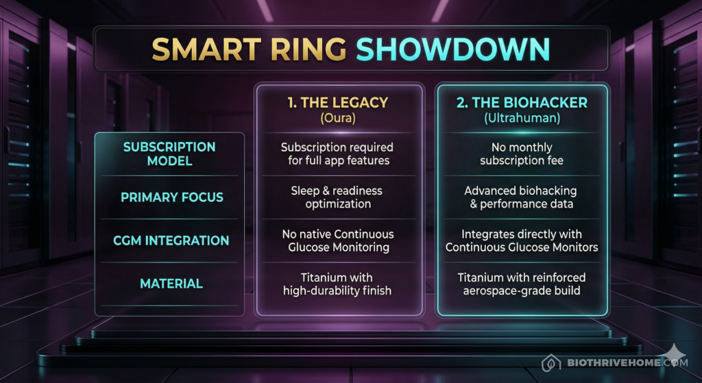 A borderless dark purple infographic titled 'SMART RING SHOWDOWN'. A comparison table with two columns: 'OURA GEN 4' and 'ULTRAHUMAN AIR'. Categories include Subscription (Oura: Yes, Ultrahuman: No), Focus (Oura: Sleep/Holistic, Ultrahuman: Metabolic/CGM), and Materials. Clean technical text with sleek glowing cyan accents.