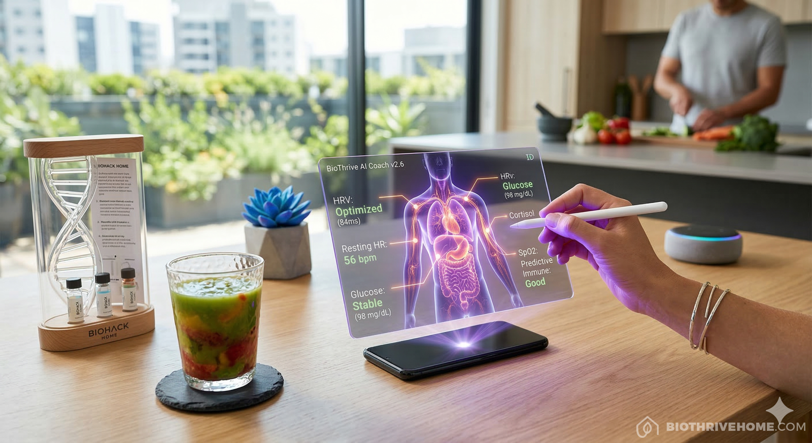 A top-down photograph looking down at a modern wooden desk with a minimalist smartphone base projecting a detailed, transparent holographic interface. Above it, a person's right hand with a few modern bangles highlights specific biomarkers (Cortisol) with a digital stylus, while a complex bioluminescent 3D Digital Twin glows with violet light. Data includes 'BioThrive AI Coach v2.6', 'HRV: Optimized (84ms)'. To the left, a vibrant green and red juice blend rests on a slate coaster beside a curved DNA collection kit from 'BIOHACK HOME' with miniature vials. The background shows a blurred person in soft focus preparing a fresh vegetable meal near a kitchen counter with a large window overlooking a lush cityscape.