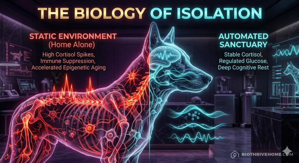 A borderless dark purple infographic titled 'THE BIOLOGY OF ISOLATION'. A comparison chart showing the nervous system of a dog. Left side in glowing red: 'CHRONIC STRESS (Home Alone)' showing high cortisol, rapid heart rate, and cellular inflammation. Right side in glowing cyan: 'ENRICHED ENVIRONMENT' showing low cortisol, balanced glucose, and cognitive engagement.
