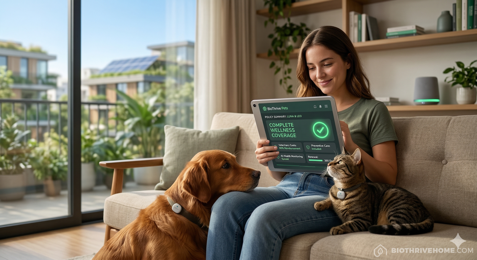 A heartwarming scene of a person sitting on a sofa with their golden retriever and tabby cat, looking at a digital insurance policy summary on a tablet that shows "COMPLETE WELLNESS COVERAGE" with a green checkmark.