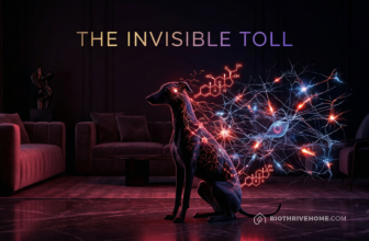 A cinematic, conceptual visualization of a dog's silhouette sitting alone in a dark room. Glowing red neurological pathways and microscopic cortisol molecules float around the dog, representing invisible biological stress. Dark luxury aesthetic with deep purple and crimson lighting. Integrated title: THE INVISIBLE TOLL.