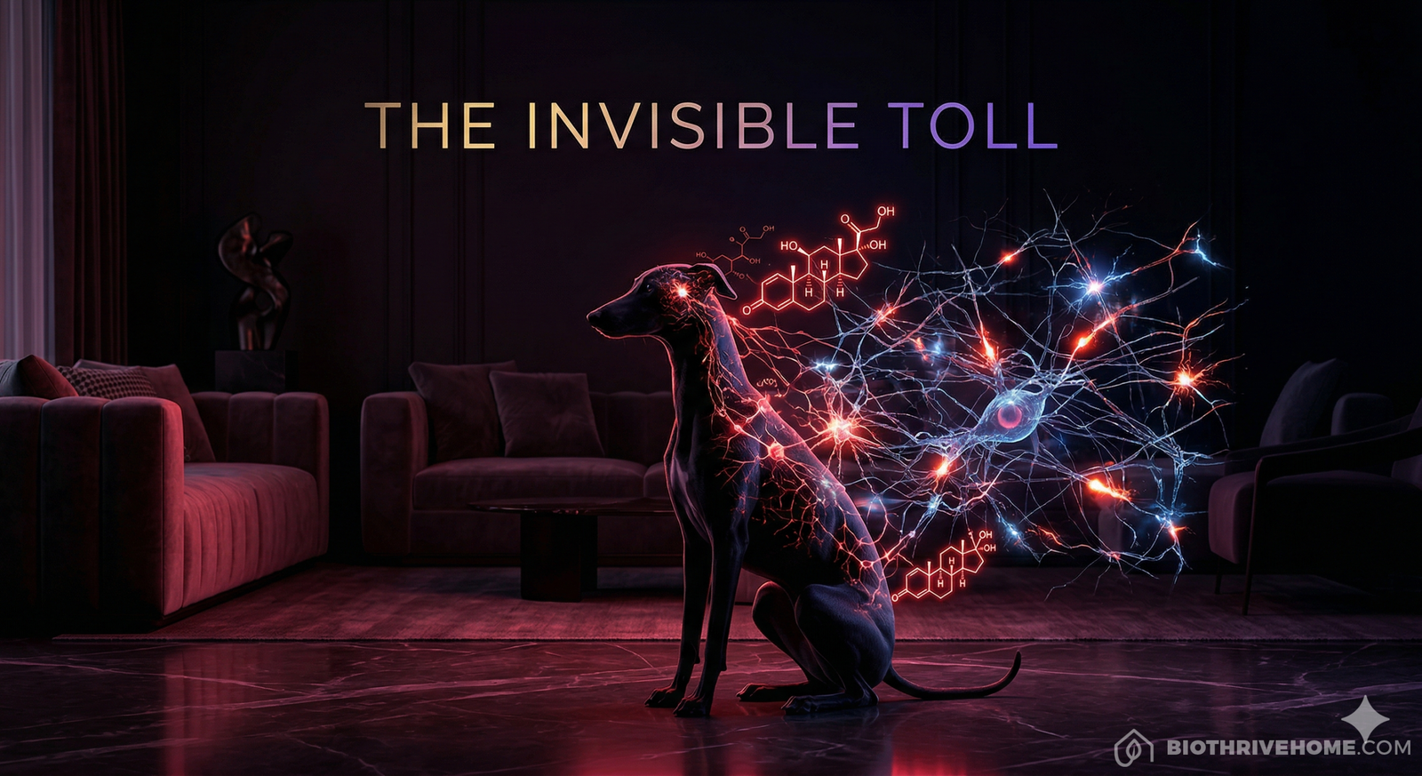 A cinematic, conceptual visualization of a dog's silhouette sitting alone in a dark room. Glowing red neurological pathways and microscopic cortisol molecules float around the dog, representing invisible biological stress. Dark luxury aesthetic with deep purple and crimson lighting. Integrated title: THE INVISIBLE TOLL.
