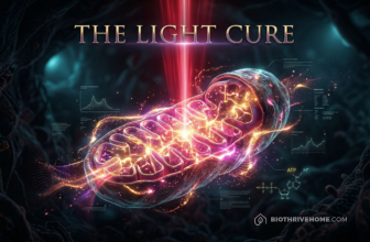 A cinematic, macro visualization of human cells and mitochondria being energized by a glowing beam of deep red light. The environment is a dark luxury void with subtle magenta and cyan accents. Integrated title: THE LIGHT CURE.