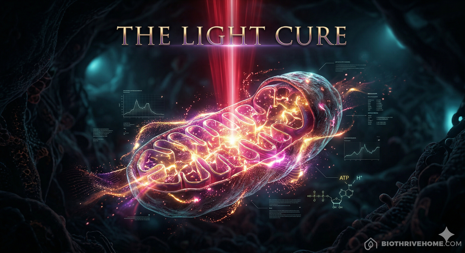 A cinematic, macro visualization of human cells and mitochondria being energized by a glowing beam of deep red light. The environment is a dark luxury void with subtle magenta and cyan accents. Integrated title: THE LIGHT CURE.