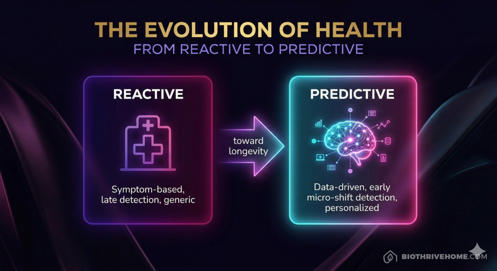 A borderless purple infographic titled 'THE EVOLUTION OF HEALTH'. A side-by-side comparison: 'Reactive Medicine' (old doctor icon, late intervention) versus 'Predictive AI' (neural network icon, early micro-shift detection). Clean technical text with sleek glowing accents. No logos or shields.