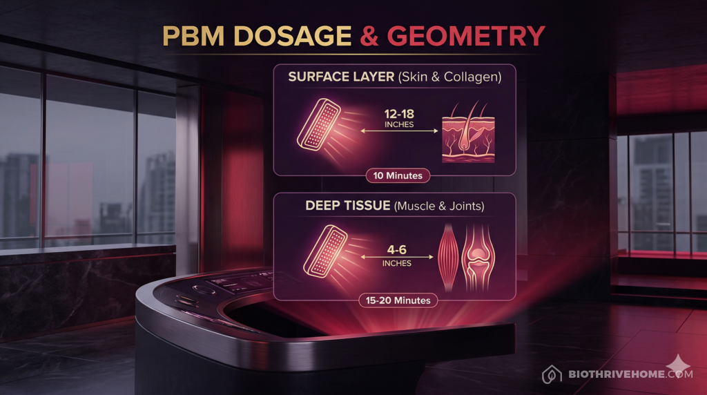 A borderless dark purple infographic titled 'PBM DOSAGE & GEOMETRY'. A guide showing two scenarios. Top: 'SKIN & COLLAGEN' with an icon showing 12-18 inches distance for 10 minutes. Bottom: 'DEEP TISSUE & JOINTS' showing 4-6 inches distance for 20 minutes. Clean technical text with sleek glowing red accents.