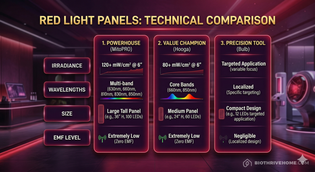 A borderless dark purple infographic titled 'RED LIGHT PANELS: TECHNICAL COMPARISON'. A table comparing three columns: 'THE POWERHOUSE (MitoPRO)', 'THE VALUE CHAMPION (Hooga HG1000)', and 'THE PRECISION BULB'. Categories include Irradiance, Wavelengths, Size, and EMF. Clean technical text with sleek glowing red and cyan accents.