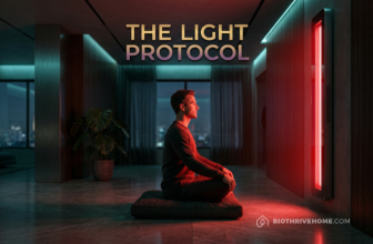 A cinematic image of a person sitting cross-legged in a dark, luxurious meditation room. They are bathed in a powerful, glowing red light emitting from a sleek, high-tech vertical panel. Dark luxury aesthetic. Integrated title: THE LIGHT PROTOCOL.