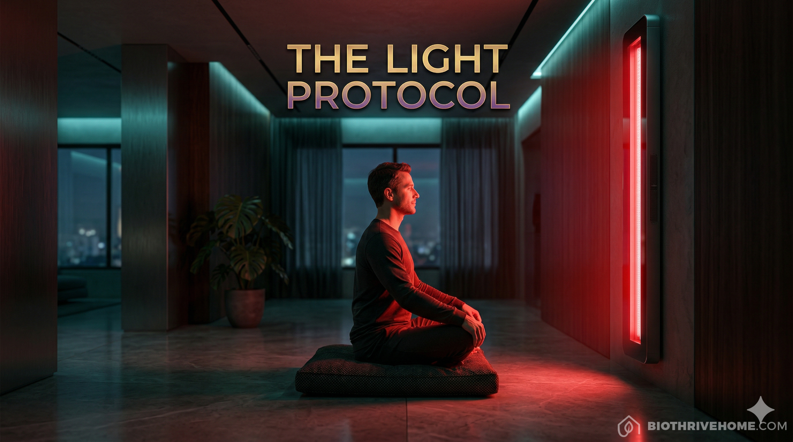 A cinematic image of a person sitting cross-legged in a dark, luxurious meditation room. They are bathed in a powerful, glowing red light emitting from a sleek, high-tech vertical panel. Dark luxury aesthetic. Integrated title: THE LIGHT PROTOCOL.